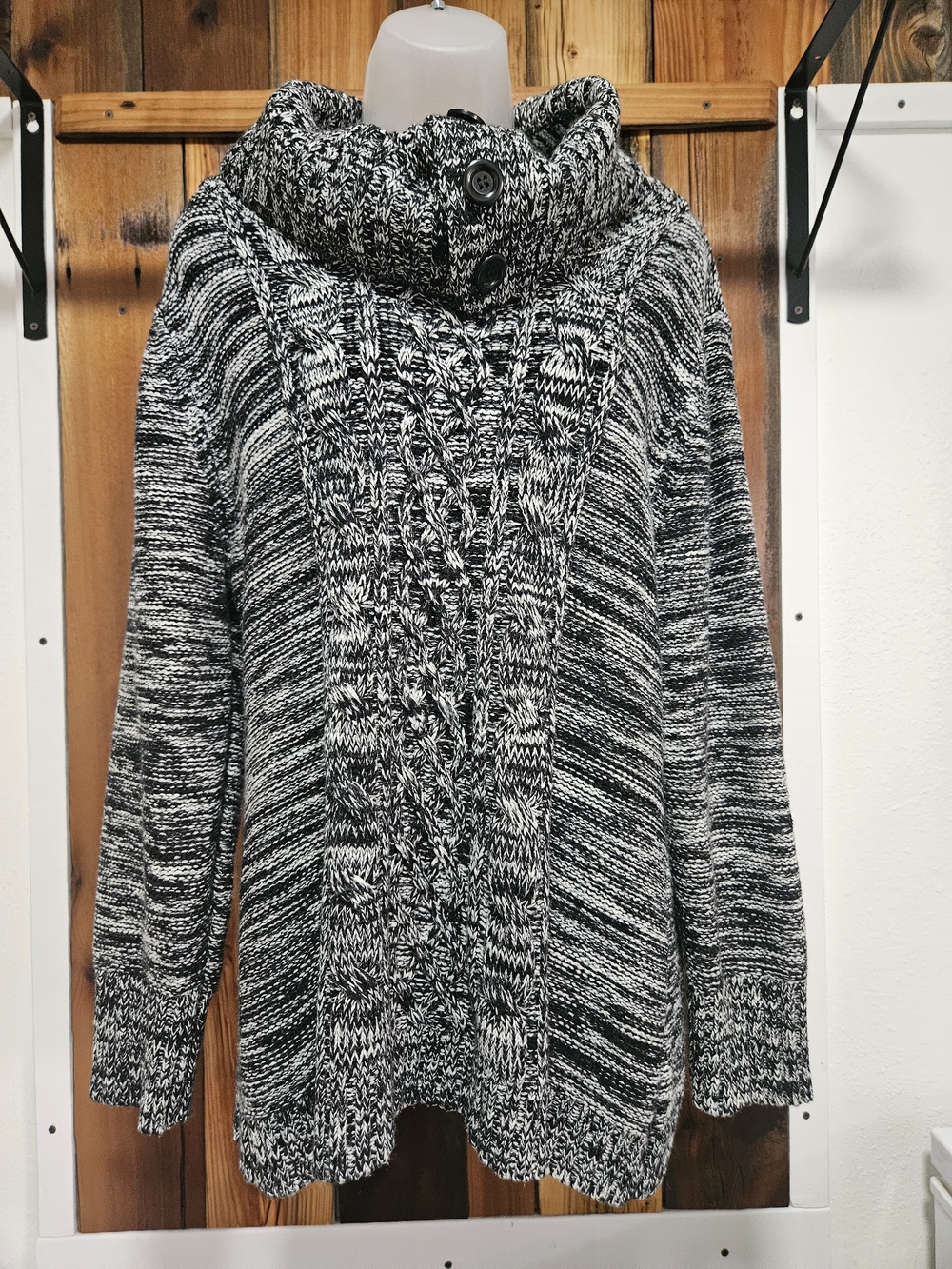 Karen Scott Marled Black & White Cable Funnel Neck Sweater